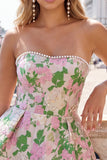 Pink Floral Jacquard Strapless A Line Homecoming Dress with Pearls