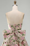 Pink Floral Jacquard Strapless A Line Homecoming Dress with Pearls