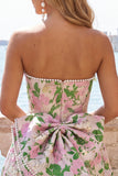 Pink Floral Jacquard Strapless A Line Homecoming Dress with Pearls