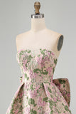Pink Floral Jacquard Strapless A Line Homecoming Dress with Pearls