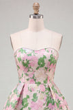 Pink Floral Jacquard Strapless A Line Homecoming Dress with Pearls