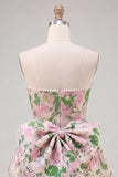 Pink Floral Jacquard Strapless A Line Homecoming Dress with Pearls