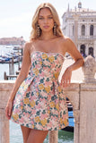 Pink Floral Jacquard Strapless A Line Homecoming Dress with Pearls