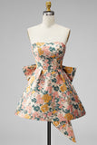 Pink Floral Jacquard Strapless A Line Homecoming Dress with Pearls