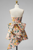 Pink Floral Jacquard Strapless A Line Homecoming Dress with Pearls