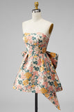 Pink Floral Jacquard Strapless A Line Homecoming Dress with Pearls