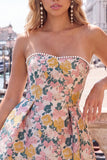 Pink Floral Jacquard Strapless A Line Homecoming Dress with Pearls