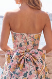 Pink Floral Jacquard Strapless A Line Homecoming Dress with Pearls