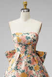 Pink Floral Jacquard Strapless A Line Homecoming Dress with Pearls