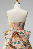 Pink Floral Jacquard Strapless A Line Homecoming Dress with Pearls