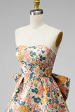 Pink Floral Jacquard Strapless A Line Homecoming Dress with Pearls