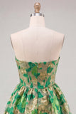 Strapless Jacquard A Line Corset Green Homecoming Dress