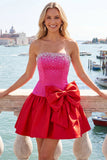 Beaded A Line Strapless Blue Homecoming Dress with Bow