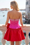 Beaded A Line Strapless Blue Homecoming Dress with Bow