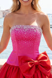 Beaded A Line Strapless Blue Homecoming Dress with Bow