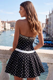 Black White Polka Dot A Line Beaded Strapless Short Homecoming Dress with Bow