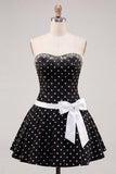Black White Polka Dot A Line Beaded Strapless Short Homecoming Dress with Bow