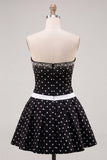Black White Polka Dot A Line Beaded Strapless Short Homecoming Dress with Bow