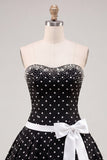 Black White Polka Dot A Line Beaded Strapless Short Homecoming Dress with Bow