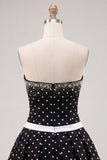 Black White Polka Dot A Line Beaded Strapless Short Homecoming Dress with Bow