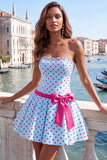 Black White Polka Dot A Line Beaded Strapless Short Homecoming Dress with Bow