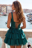 Dark Green Tiered A Line Corset Homecoming Dress with Lace Up Back