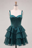 Dark Green Tiered A Line Corset Homecoming Dress with Lace Up Back