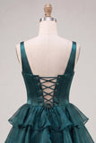 Dark Green Tiered A Line Corset Homecoming Dress with Lace Up Back