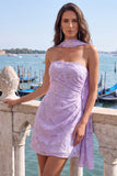 Strapless Lilac Ruched Floral Tight Homecoming Dress with Sash
