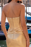Gold Strapless Bodycon Satin Beaded Corset Homecoming Dress with Sash