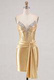 Gold Strapless Bodycon Satin Beaded Corset Homecoming Dress with Sash