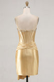 Gold Strapless Bodycon Satin Beaded Corset Homecoming Dress with Sash