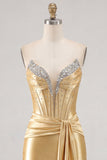 Gold Strapless Bodycon Satin Beaded Corset Homecoming Dress with Sash