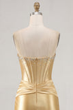 Gold Strapless Bodycon Satin Beaded Corset Homecoming Dress with Sash