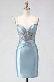 Dusty Blue Satin Beaded Corset Homecoming Dress with Lace-up Back
