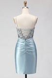 Dusty Blue Satin Beaded Corset Homecoming Dress with Lace-up Back