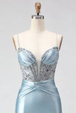Dusty Blue Satin Beaded Corset Homecoming Dress with Lace-up Back