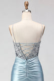 Dusty Blue Satin Beaded Corset Homecoming Dress with Lace-up Back