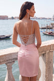 Dusty Blue Satin Beaded Corset Homecoming Dress with Lace-up Back