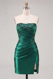 Red Strapless Ruched Beaded Bodycon Homecoming Dress with Slit