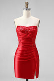Red Strapless Ruched Beaded Bodycon Homecoming Dress with Slit