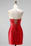 Red Strapless Ruched Beaded Bodycon Homecoming Dress with Slit