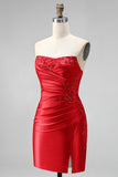 Red Strapless Ruched Beaded Bodycon Homecoming Dress with Slit