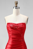 Red Strapless Ruched Beaded Bodycon Homecoming Dress with Slit