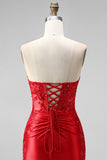 Red Strapless Ruched Beaded Bodycon Homecoming Dress with Slit