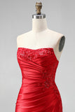 Red Strapless Ruched Beaded Bodycon Homecoming Dress with Slit