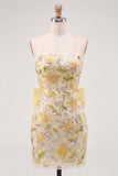 Strapless Bodycon Floral Sequin Pink Homecoming Dress with Bow