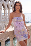 Bodycon Lilac Strapless Floral Sequin Homecoming Dress with Bow