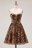 Brown Leopard Print A Line Strapless Short Homecoming Dress with Beading