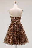 Brown Leopard Print A Line Strapless Short Homecoming Dress with Beading